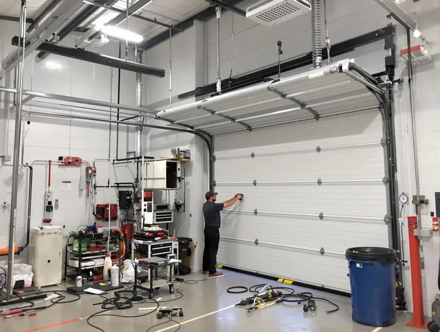 Montebello Garage Door Repair certified technician performing commercial door repair at a Montebello business facility
