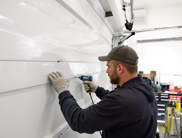 Montebello Garage Door Repair technician demonstrating precision dent removal techniques on a Montebello garage door