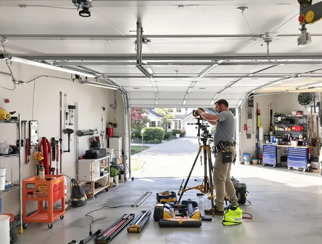 Montebello Garage Door Repair specialist performing laser-guided track alignment in Montebello